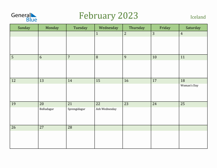 February 2023 Calendar with Iceland Holidays
