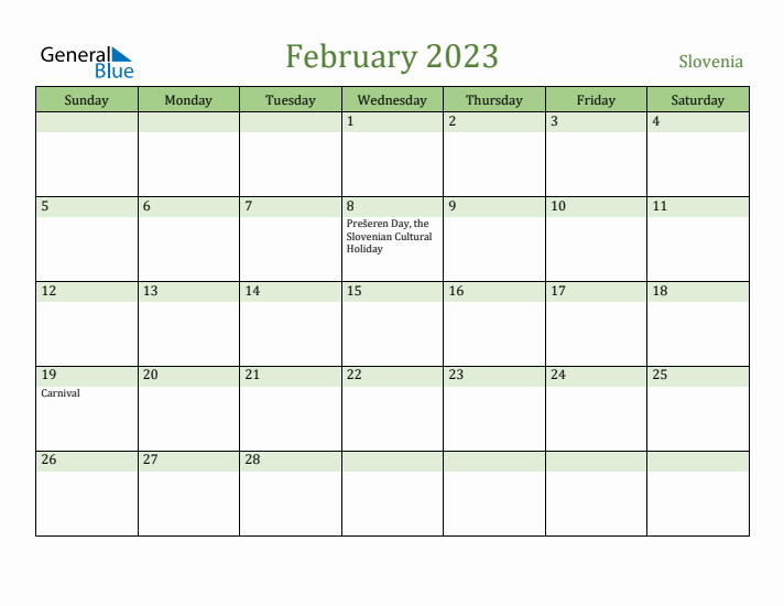February 2023 Calendar with Slovenia Holidays