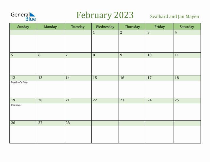 February 2023 Calendar with Svalbard and Jan Mayen Holidays
