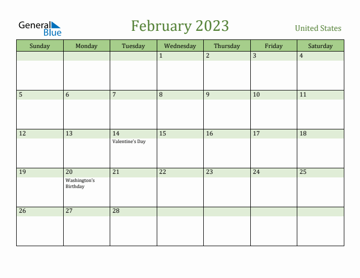 February 2023 Calendar with United States Holidays