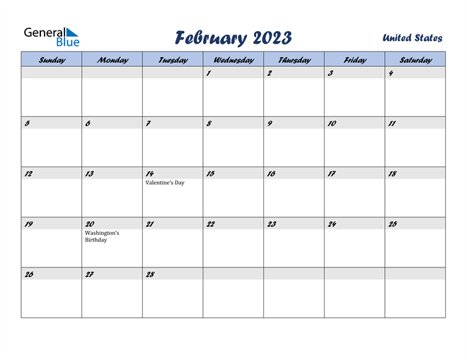 February 2023 Calendar with United States Holidays