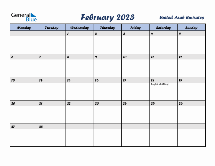 February 2023 Calendar with Holidays in United Arab Emirates