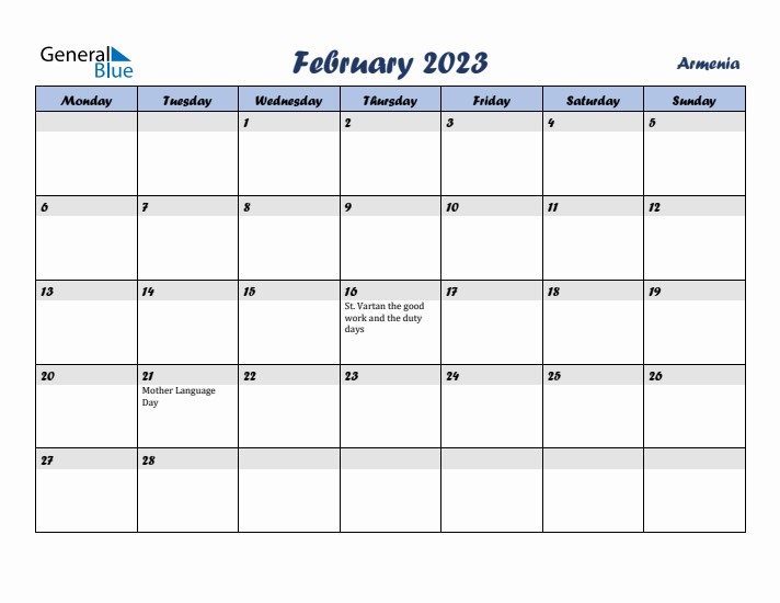 February 2023 Calendar with Holidays in Armenia