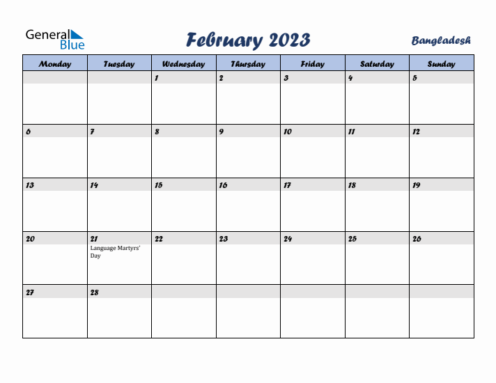 February 2023 Calendar with Holidays in Bangladesh
