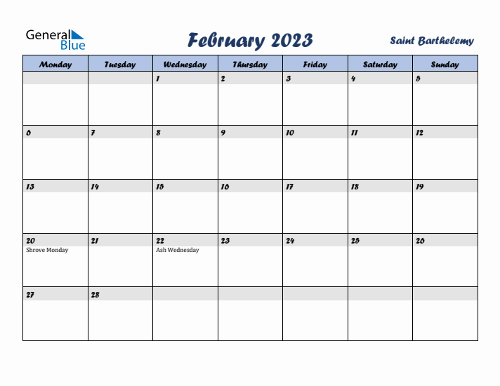 February 2023 Calendar with Holidays in Saint Barthelemy