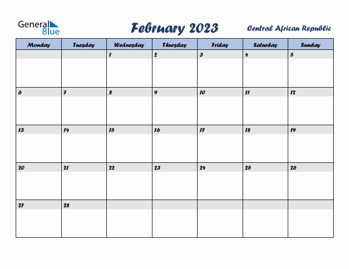 February 2023 Calendar with Holidays in Central African Republic