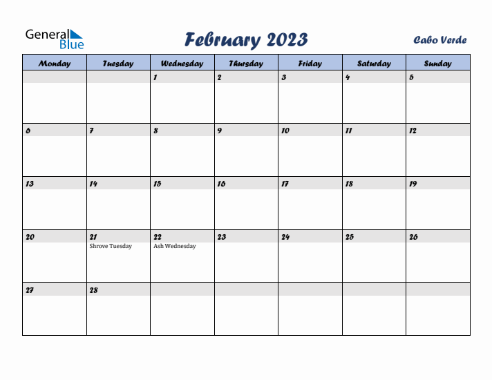 February 2023 Calendar with Holidays in Cabo Verde