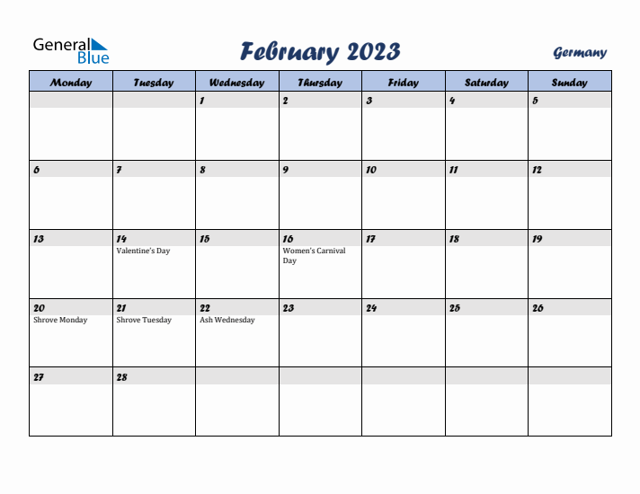 February 2023 Calendar with Holidays in Germany