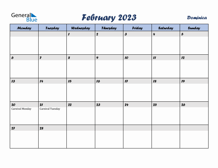 February 2023 Calendar with Holidays in Dominica