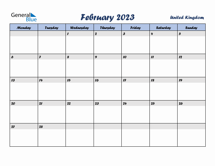 February 2023 Calendar with Holidays in United Kingdom