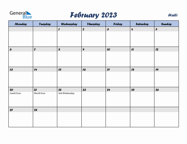 February 2023 Calendar with Holidays in Haiti