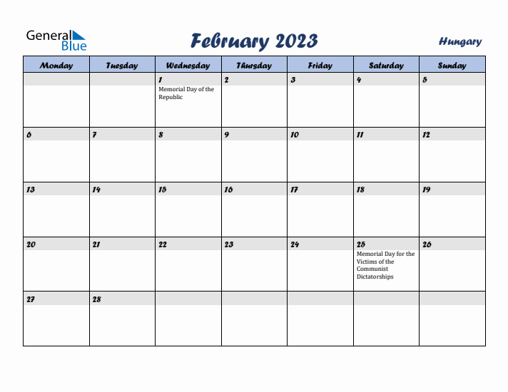 February 2023 Calendar with Holidays in Hungary