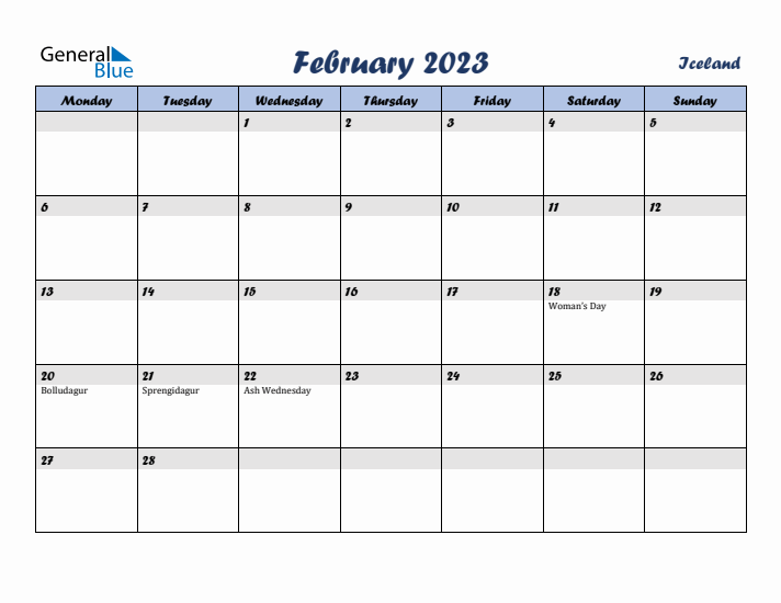 February 2023 Calendar with Holidays in Iceland