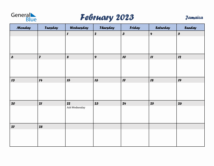 February 2023 Calendar with Holidays in Jamaica