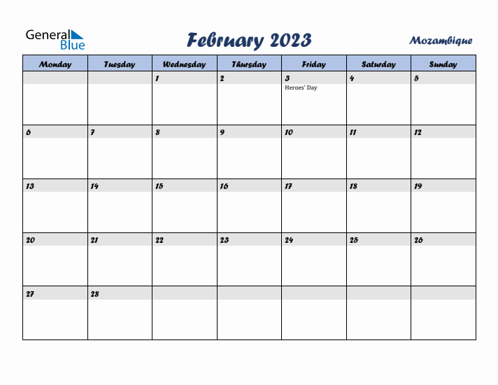 February 2023 Calendar with Holidays in Mozambique