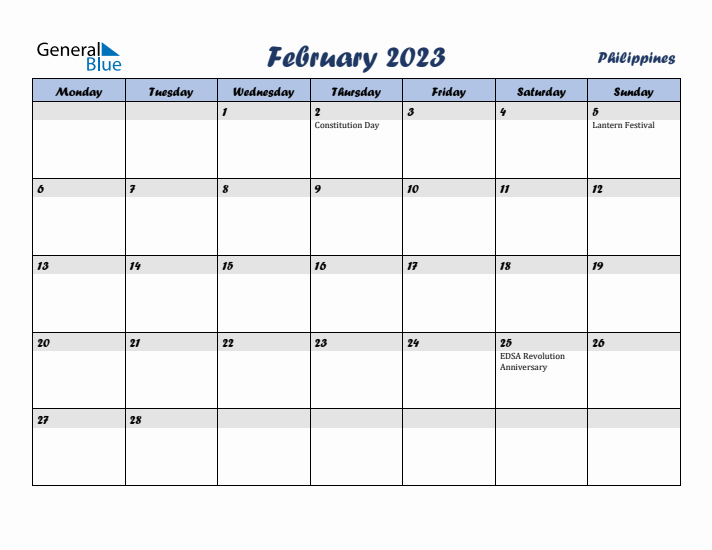 February 2023 Calendar with Holidays in Philippines