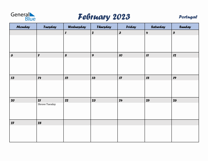 February 2023 Calendar with Holidays in Portugal