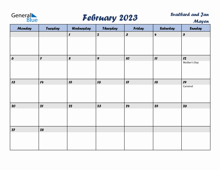 February 2023 Calendar with Holidays in Svalbard and Jan Mayen