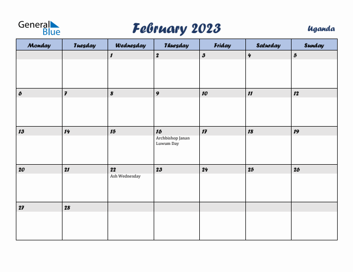 February 2023 Calendar with Holidays in Uganda