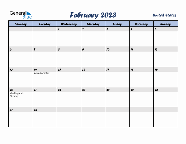 February 2023 Calendar with Holidays in United States