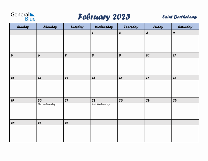 February 2023 Calendar with Holidays in Saint Barthelemy