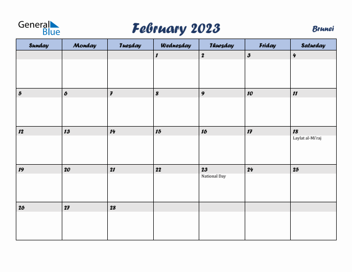 February 2023 Calendar with Holidays in Brunei