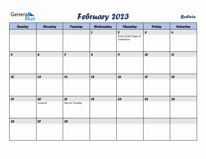 February 2023 Calendar with Holidays in Bolivia