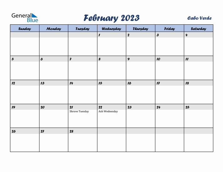 February 2023 Calendar with Holidays in Cabo Verde