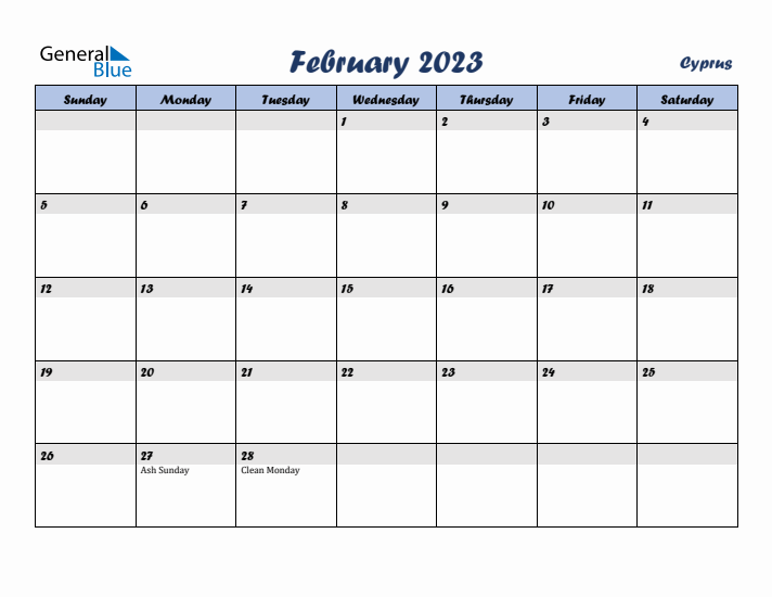 February 2023 Calendar with Holidays in Cyprus