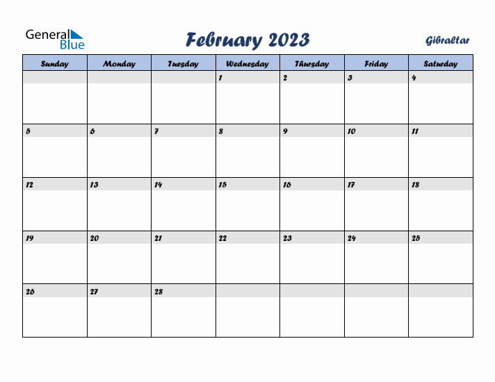 February 2023 Calendar with Holidays in Gibraltar