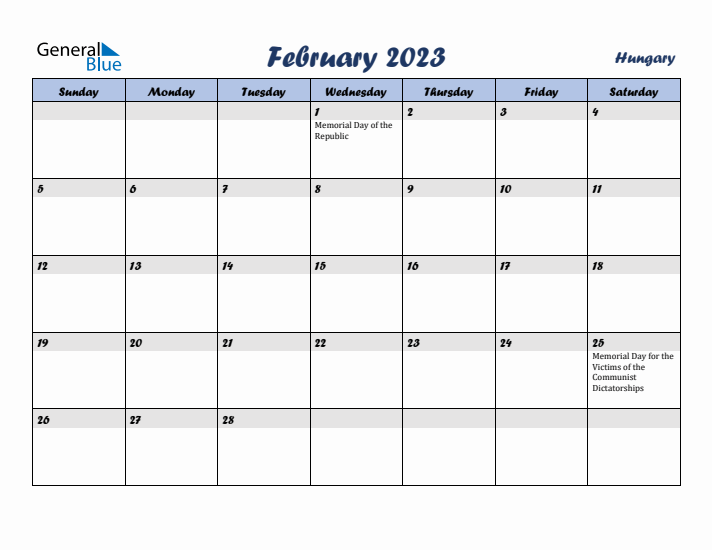 February 2023 Calendar with Holidays in Hungary