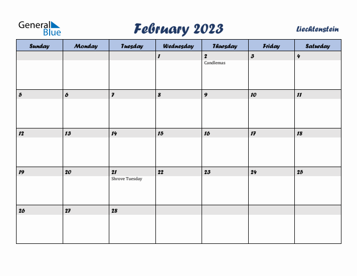 February 2023 Calendar with Holidays in Liechtenstein