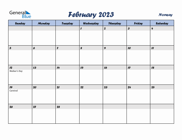February 2023 Calendar with Holidays in Norway