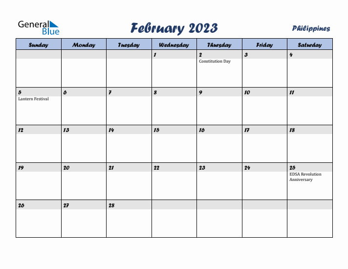 February 2023 Calendar with Holidays in Philippines