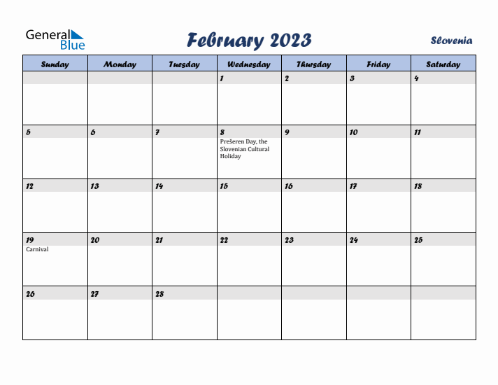 February 2023 Calendar with Holidays in Slovenia