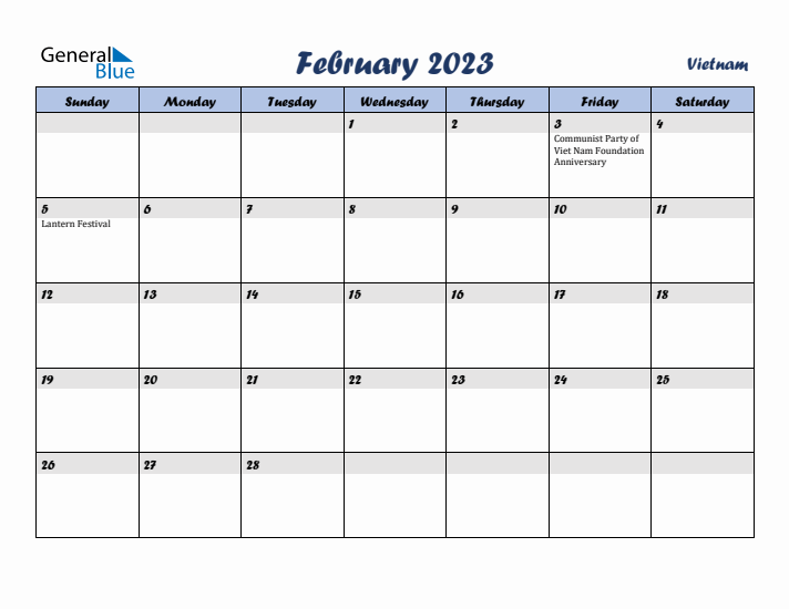 February 2023 Calendar with Holidays in Vietnam