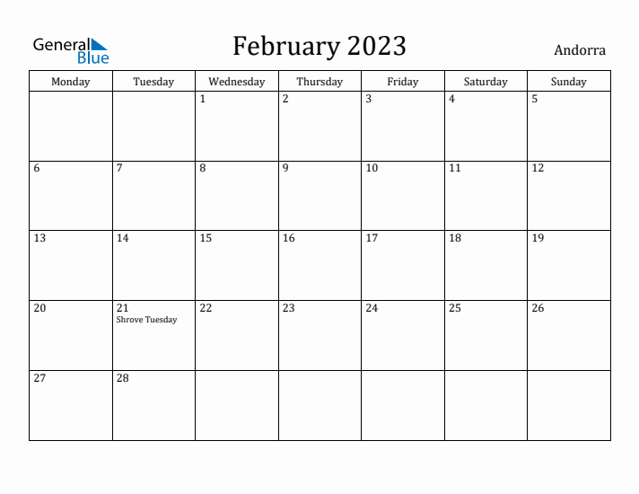February 2023 Calendar Andorra
