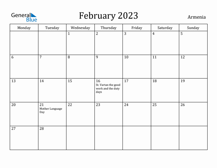 February 2023 Calendar Armenia