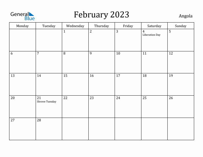 February 2023 Calendar Angola