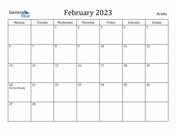 February 2023 Calendar Aruba