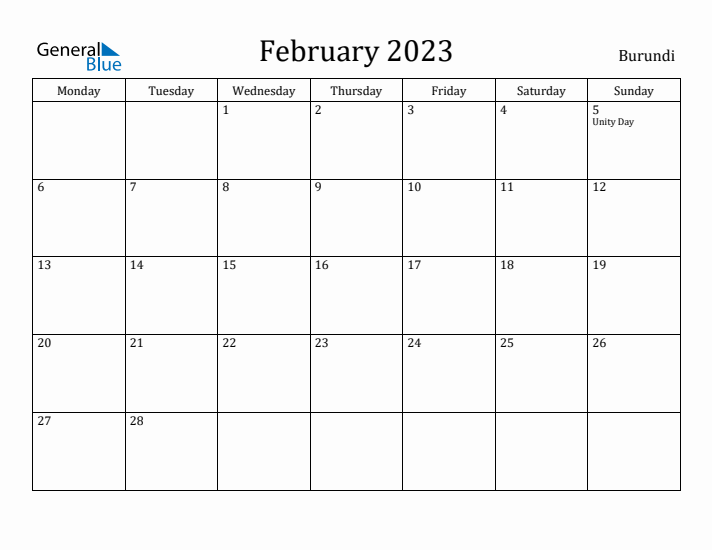 February 2023 Calendar Burundi