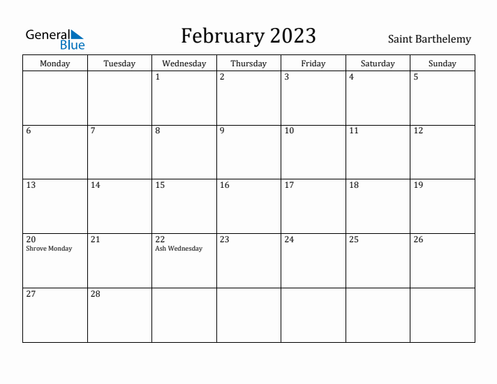 February 2023 Calendar Saint Barthelemy