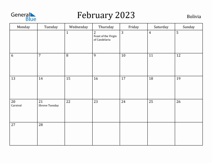 February 2023 Calendar Bolivia