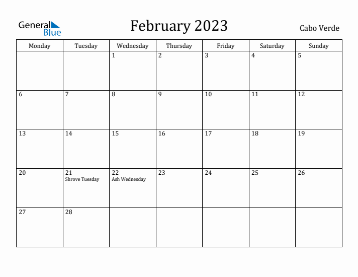February 2023 Calendar Cabo Verde
