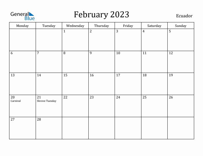 February 2023 Calendar Ecuador