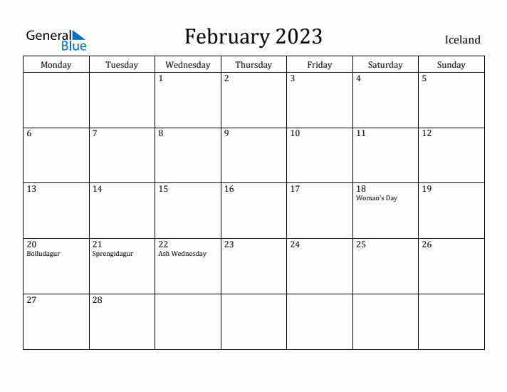 February 2023 Calendar Iceland