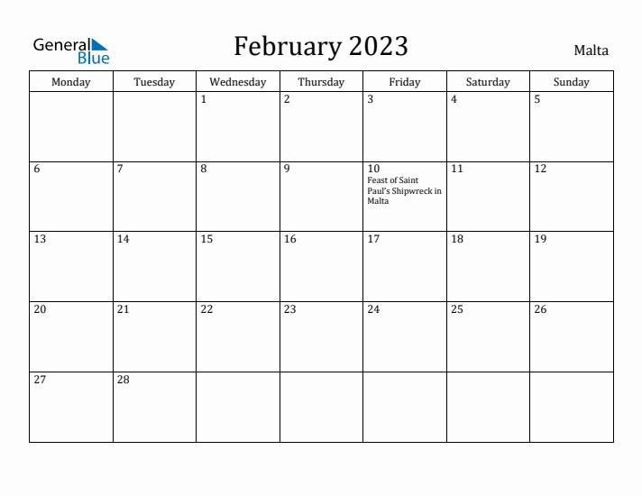 February 2023 Calendar Malta