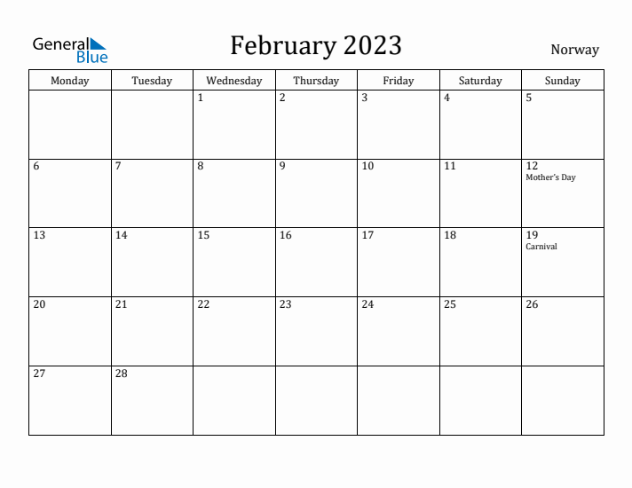 February 2023 Calendar Norway