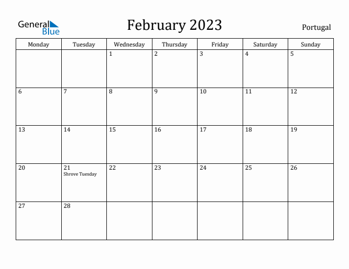 February 2023 Calendar Portugal