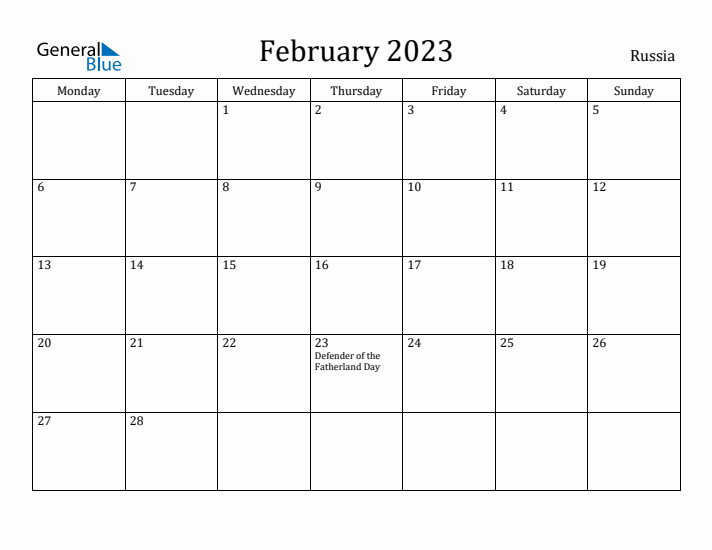 February 2023 Calendar Russia